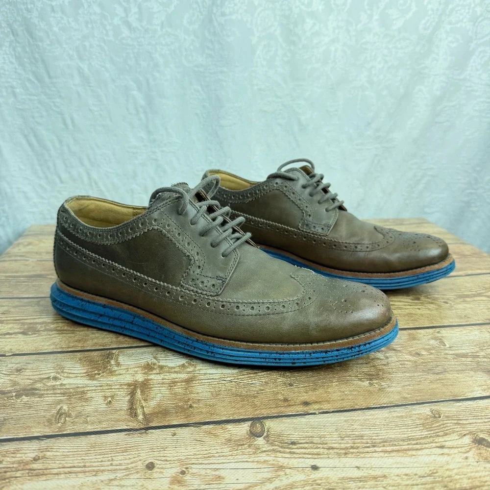 Cole Haan Mens 10 Brown Leather Lunargrand Wingtip Oxford Blue Sole Quiet Luxury